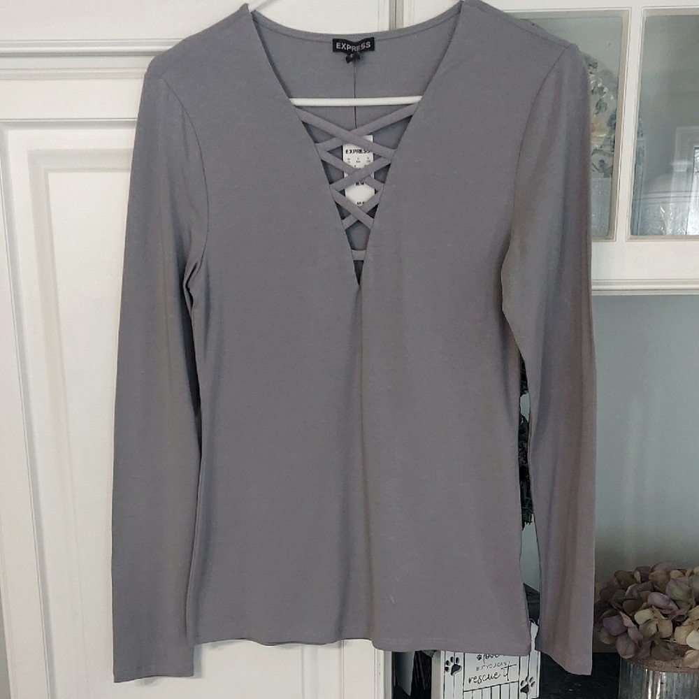 New Express Fitted Gray Long Sleeve Top Size M